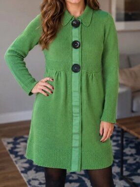 Boden Knit Cardigan Duster Sweater Kelly Green Artsy Grosgrain Empire Waist Sz 6